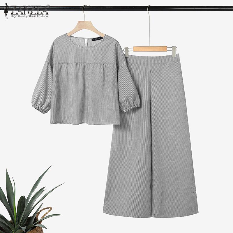 ZANZEA Damen 3/4-Ärmel Bluse und Hose Lässige Streifenprint Zweiteilige Sets