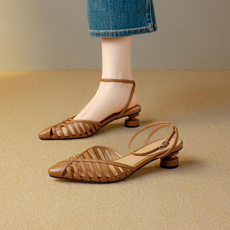 Fashion NEW Summer Women Sandals Split Leather Shoes Women Pointed Toe Strange Heel Shoes Cover Toe Slingback Narrow Band Modern Sandals