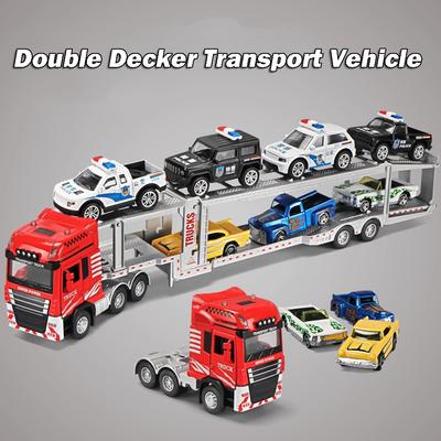 1:48 Doppeldecker-Anhänger Spielzeugmodelle Metall Druckguss Flachbett-LKW mit Bagger Spielzeug Sound Licht Türen zu öffnen Für Jungen Geschenke