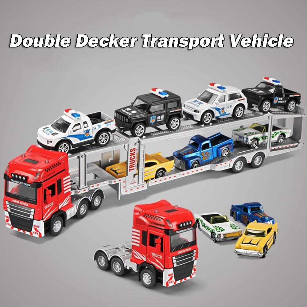 1:48 Double Decker Trailer Toy Models Metal Diecast Flatbed Truck Mounted Excavator Toys Sound Light Doors Opened for Boys Gifts