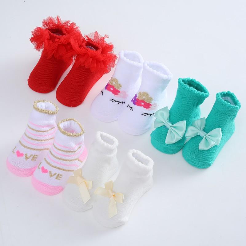 5 Paare/los Baby Socken 0-12 Monate Baumwolle Kinder Socken Cartoon Print Bögen Mädchen Nette Neugeborene Junge Kleinkind Kinder Socken