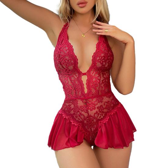 Women Sexy Nightdress Hollow Out See-through Lace Slim Fit Sleeveless Backless Deep V Neck Lace-up Halter Neck Open Crotch Lady Sleepwear Clothes