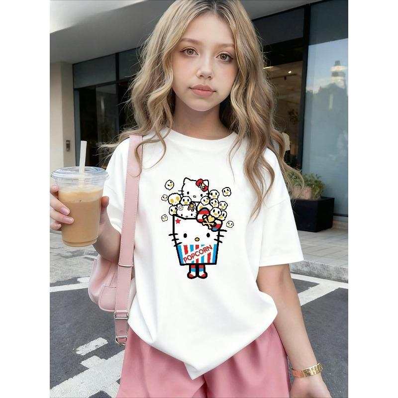 European Sizes Popcorn Bucket Print Girls' T-Shirt, Comfortable Casual Round Neck Short Sleeve Top, Summer Fashion