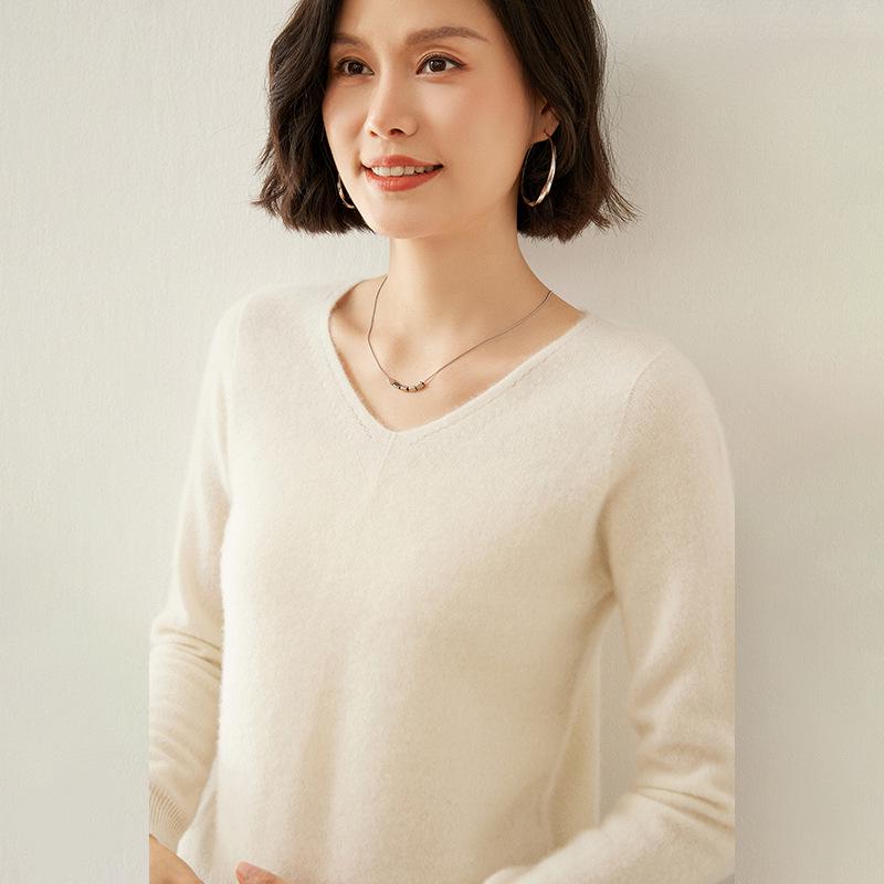 Women's V-Neck Cashmere Sweater - Slim Fit, Hollow Knit Pullover for Autumn/Winter