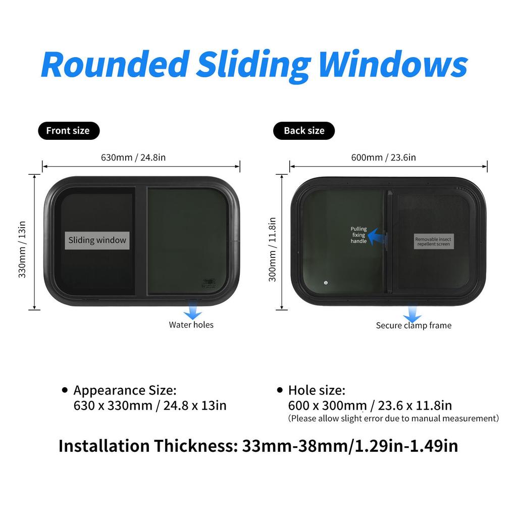 Horizontal Sliding RV Window 23.6 X 11.8in Uv Resistant Tempered Glass Window with Removable Insect Nets Black