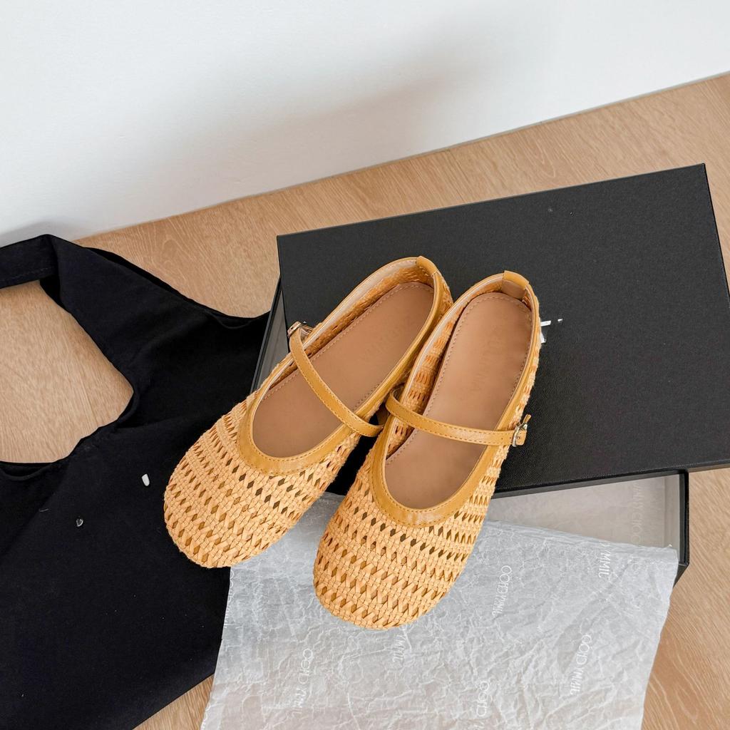 Ballerinas Damenmode Runde Zehen Schnalle Slipper Atmungsaktiv Retro Gewebt Hohl Damen Freizeit Mary Jane Schuhe