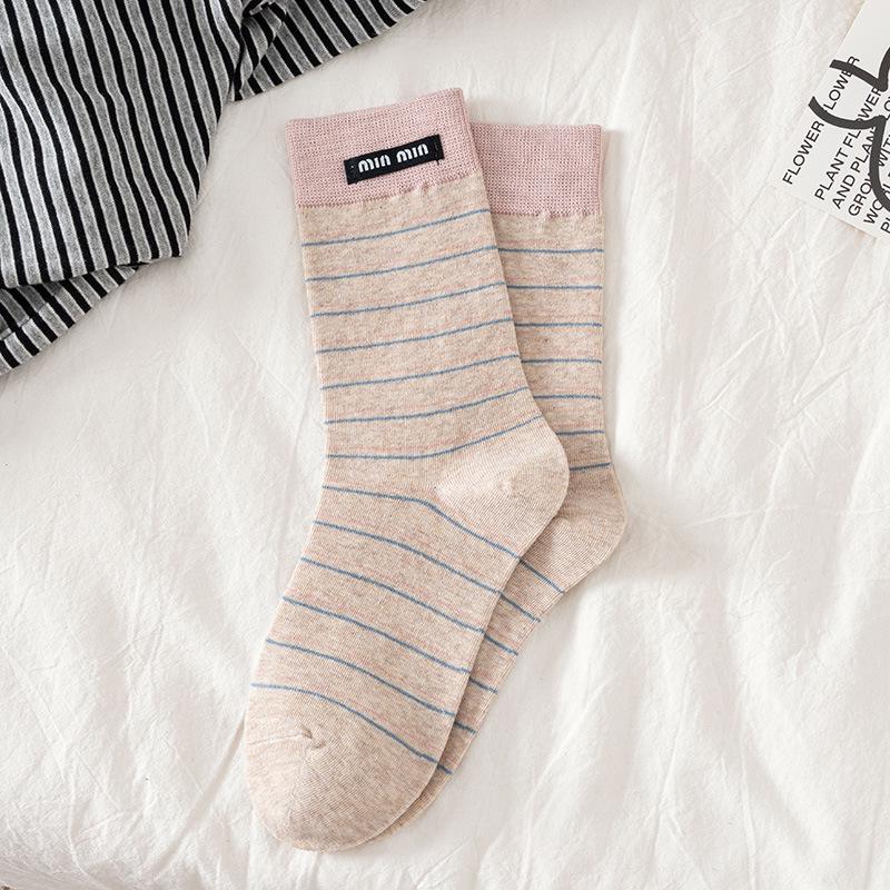 Damen Gestreifte Mid-Calf Socken - Frühling/Herbst Baumwolle, Miu Stil, Koreanisch & Japanisch Sport Kniehoch Trend