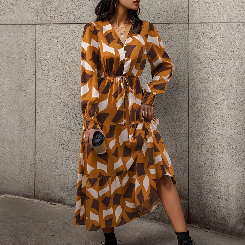 

Осеннее женское платье с длинным рукавом и принтом, платья с v-образным вырезом, платье средней длины XL жёлтый