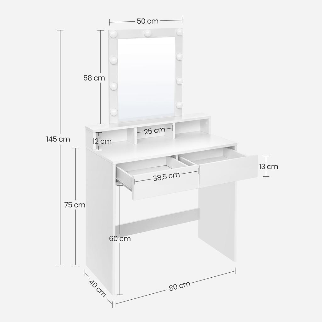 VASAGLE RDT114W01 Dressing Table with Mirror and Bulbs, Cosmetic Table with 2 Drawers and 3 Open Compartments, Dressing Table for Makeup, Modern