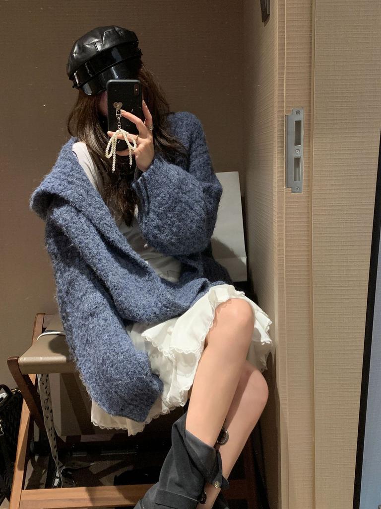 Cardigan pull en laine d'alpaga vintage pour femme Automne/Hiver Manches longues Tricot épais Style ample décontracté Haut