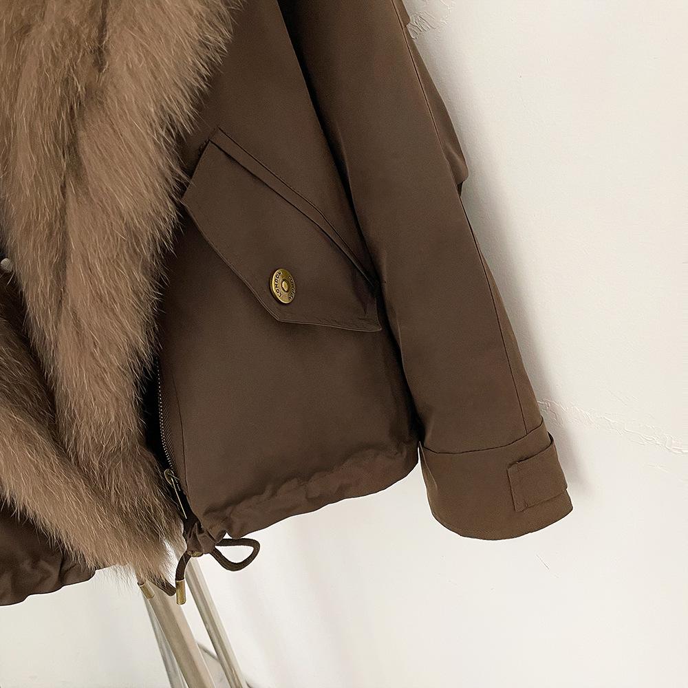 Women's White Duck Down Leather Coat with Fox Fur Collar and Lapel
