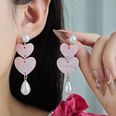 Sweet Pink Love Fringed Earrings Long Acrylic Small Fresh Stud Earrings Temperament Vacation Earrings