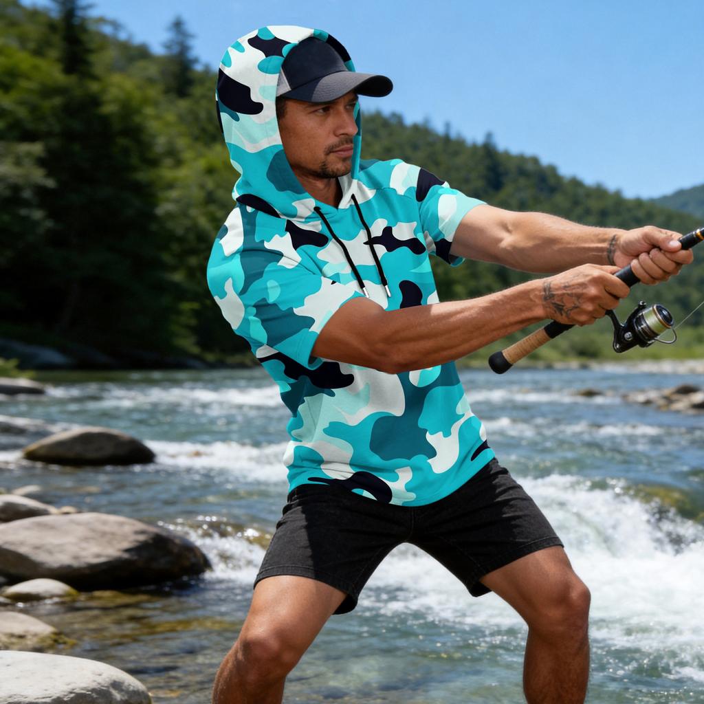Men's Camouflage Print Raglan Sleeve Casual Sport Fishing Sun Protection Short Sleeve Hoodie Pullover Top for Outdoor Activities
