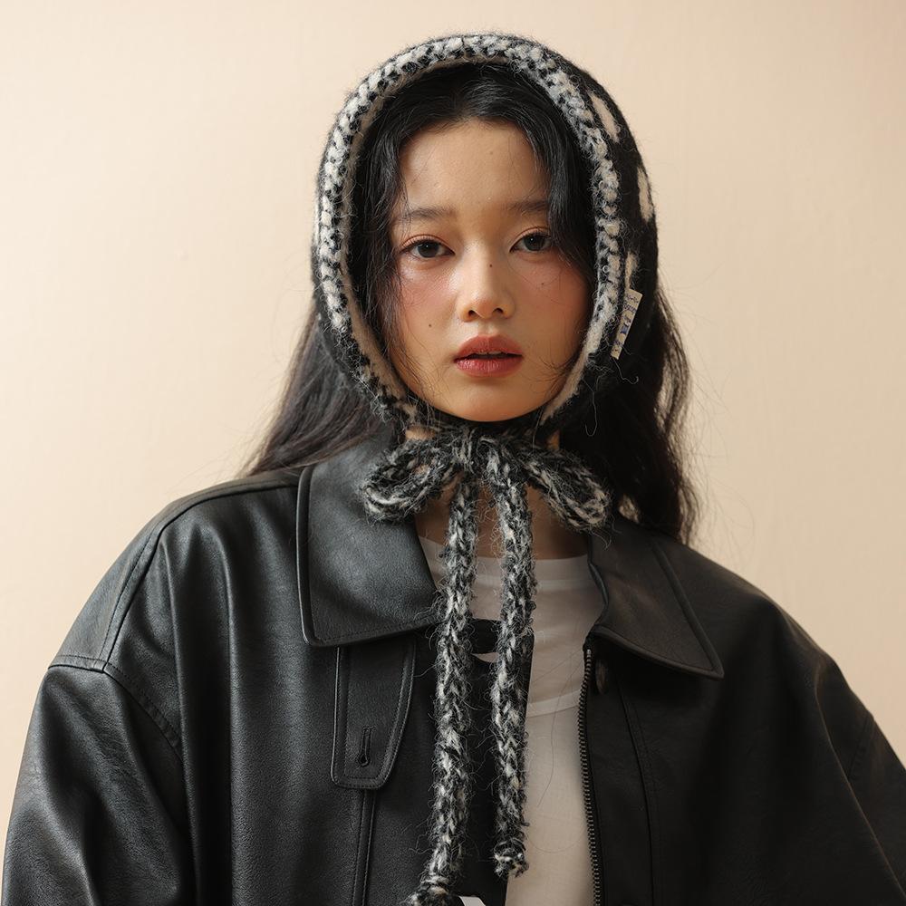 Red polka dot contrasting color knitted ear protection headscarf women's autumn and winter new student warm versatile hat