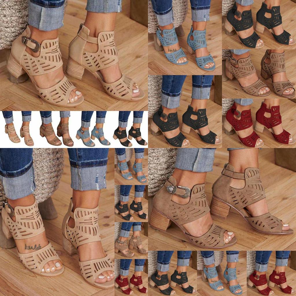 Elegant Women Chunky Block Heels Sandals With Peep Toe And Ankle Strap Buckle