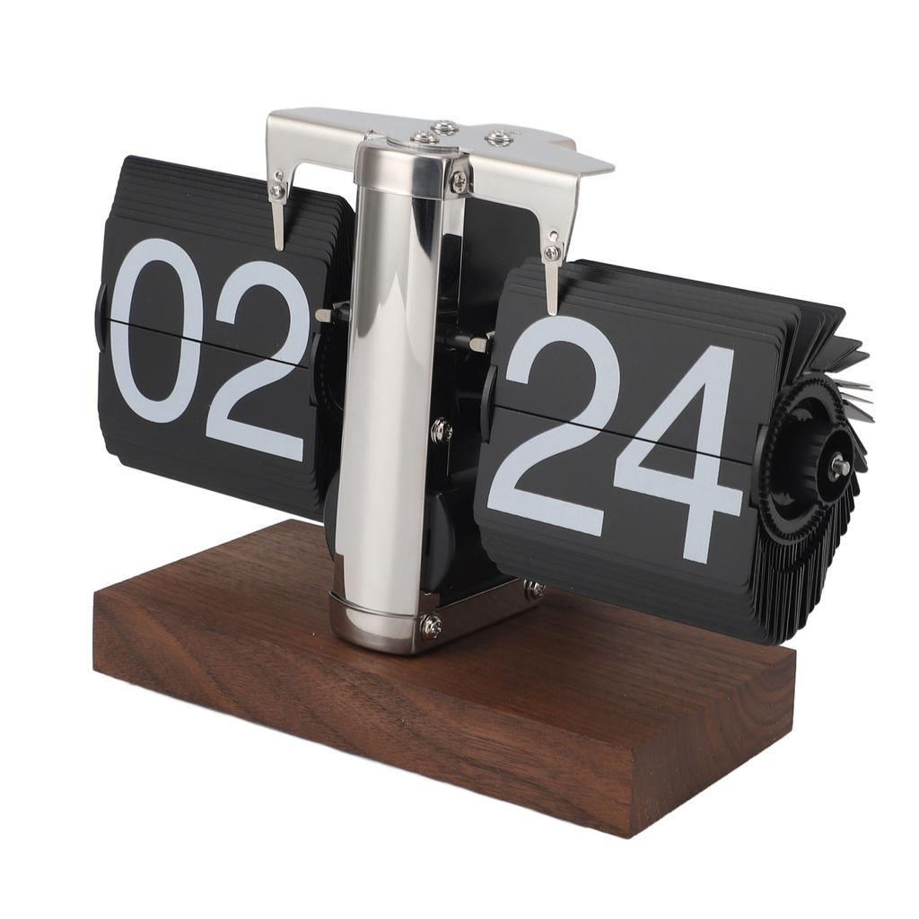 Flip Desk Clock Auto Mechanical Flip 24H Wood Base Stainless Steel Vintage Retro Digital Table Clock for Home Office