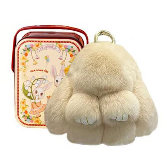 

Cute Bunny Plush Keychain with Tin Handmade Soft Pom Pom Rabbit Bag Charm