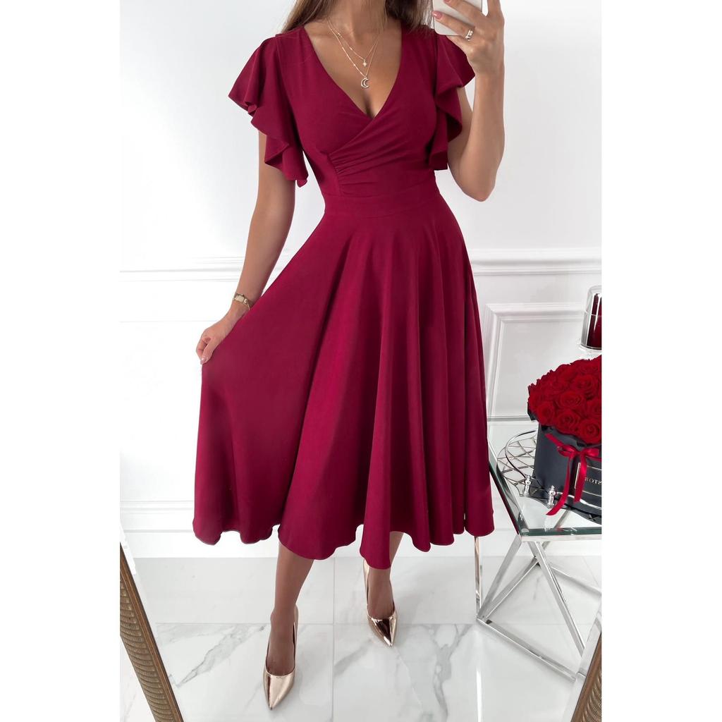 2023 European & American V-Neck Ruffle Sleeve Casual Party Dress