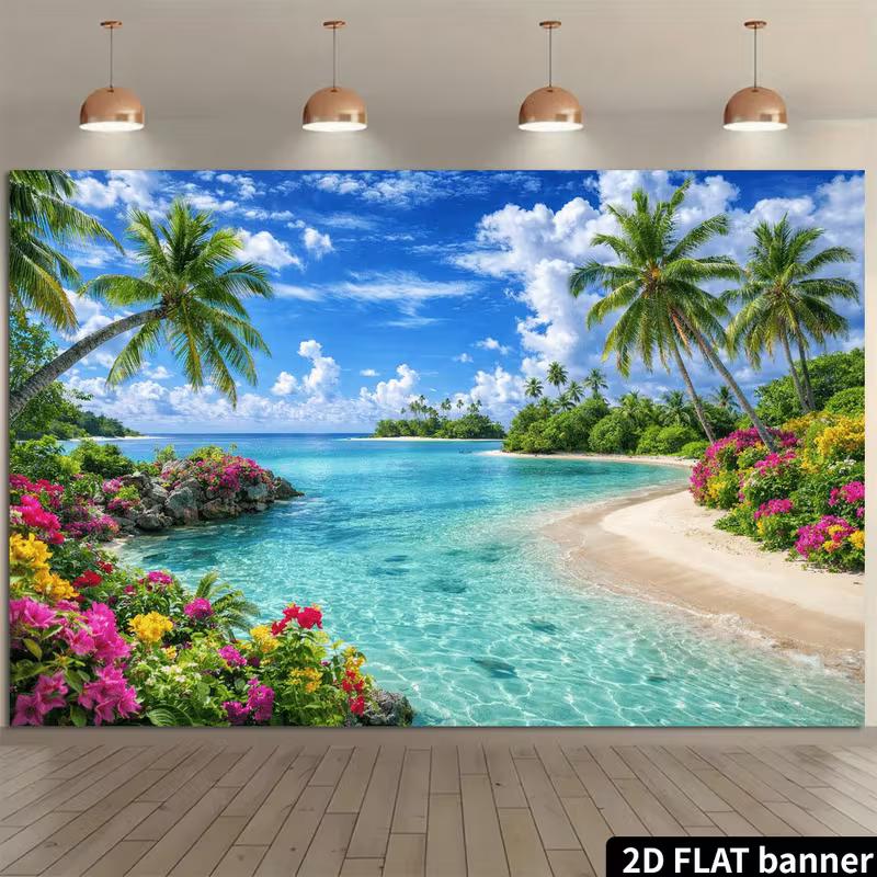 Dwuwymiarowy Baner Letni Raj, Tło z Palmami i Czystym Oceanem na Imprezę i Dekorację