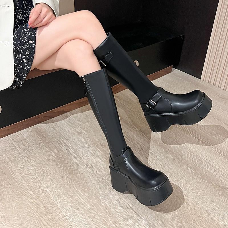 Small Slim and Tall Knight Boots Women's New Autumn French Black Thick-soled Boots