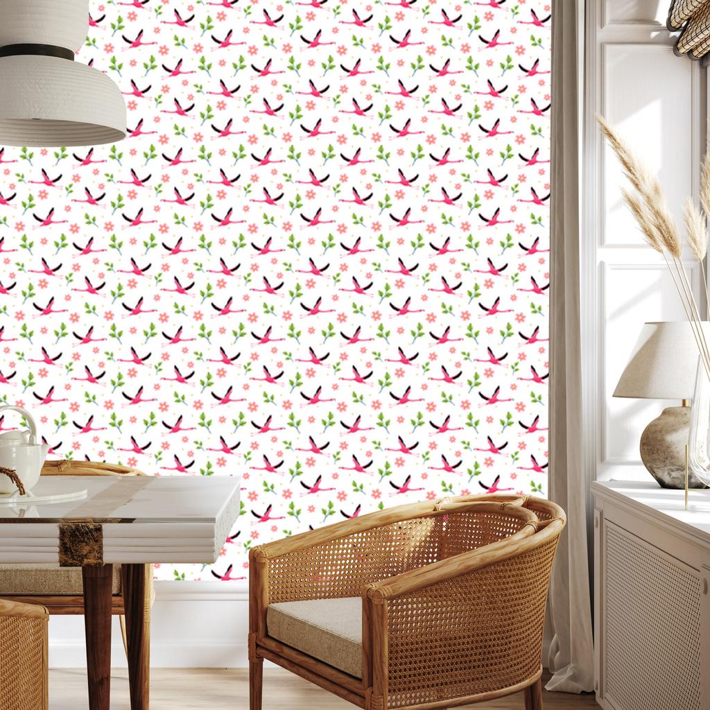 Flamingos Wallpaper in White, Powder Pink and Coral for Living Room and Bedroom 50x1000