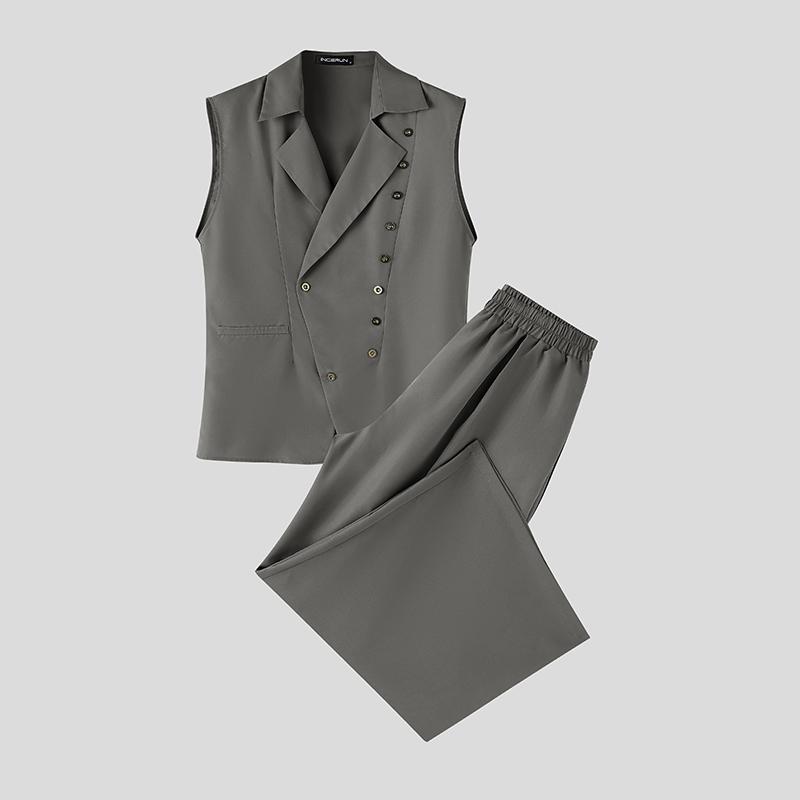 INCERUN 2PCS Men Sleeveless Thin Blazer Tops Long Pants Casual Sets Outfits