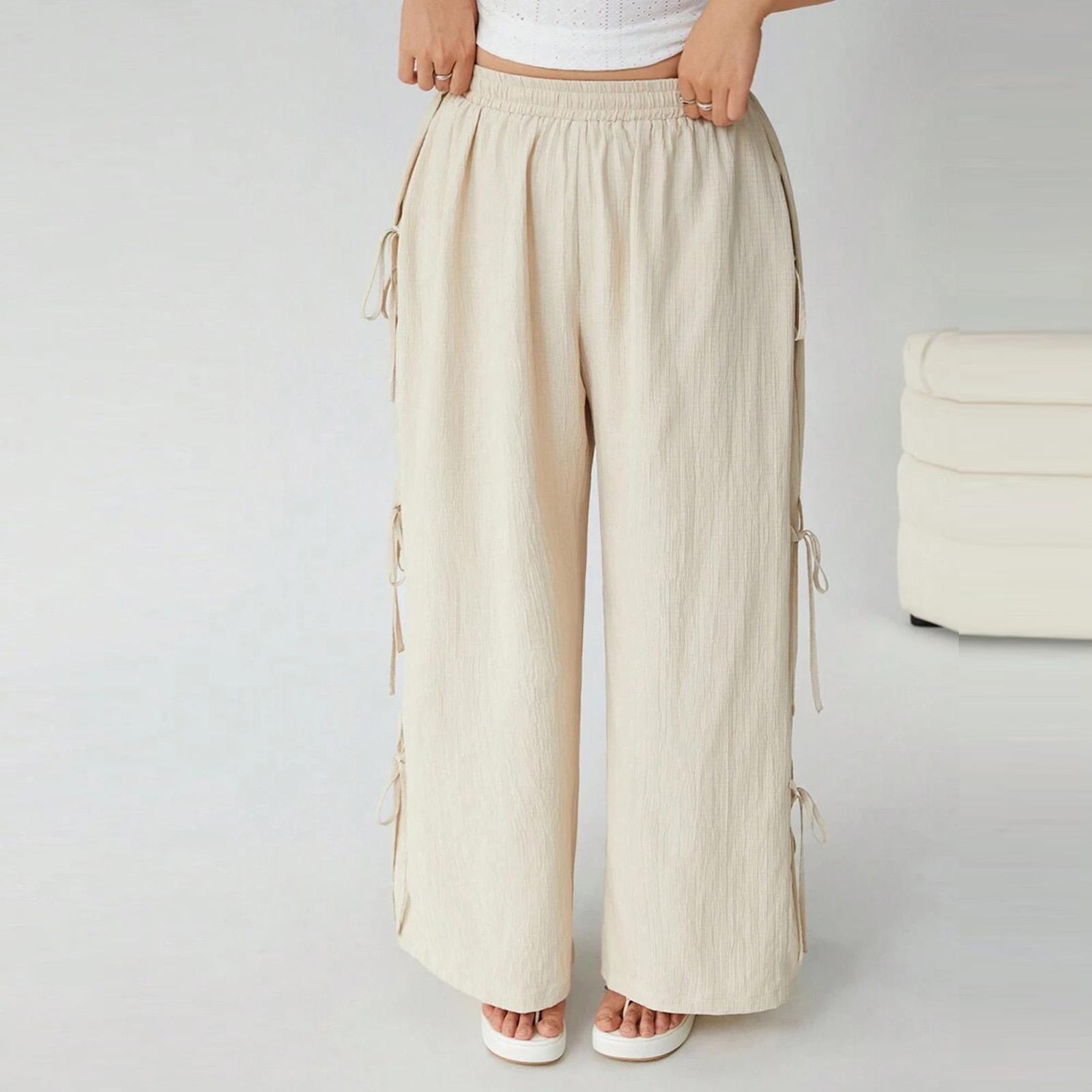 

Plus Size Womens Loose Fit Drawstring Elastic Waist Casual Long Pants with Side Ties Wide Leg Trousers for Everyday Wear XXXXXL хакі