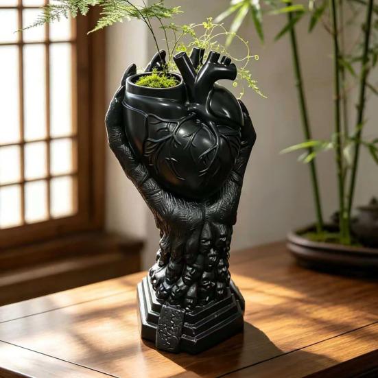Unique Gothic Art Gift Hand Holding Human Heart Organ Vase, Anatomical Shaped Personalized Window Display Spooky Halloween Desktop Flower Pot