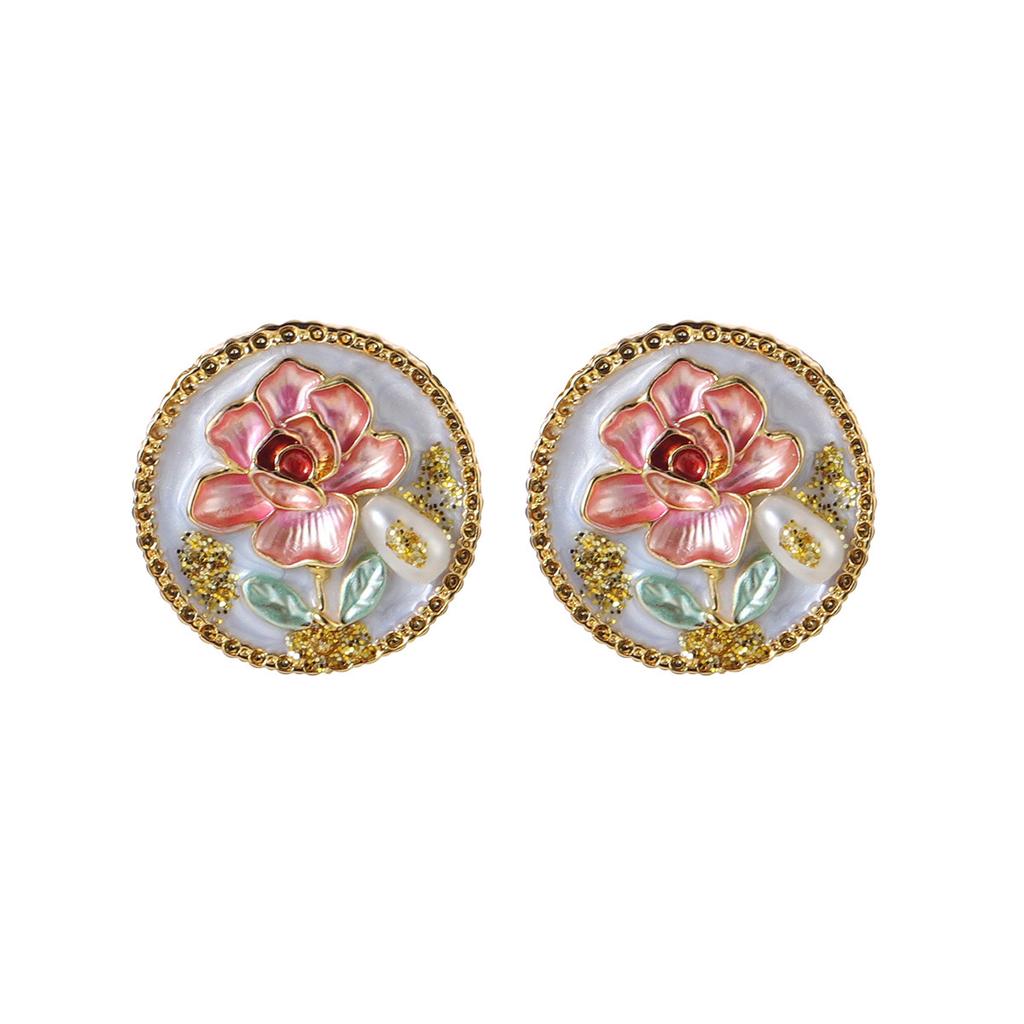 New Chinese Flower Earrings New Xia Baroque Pearl Oil Painting Series Love Enamel Stud Earrings High-end Earrings Women