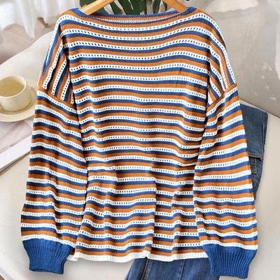 A Large-sized Women's Sweater with A New Autumn Style Featuring A Round-neck Striped Cutout Design and Long-sleeved Top