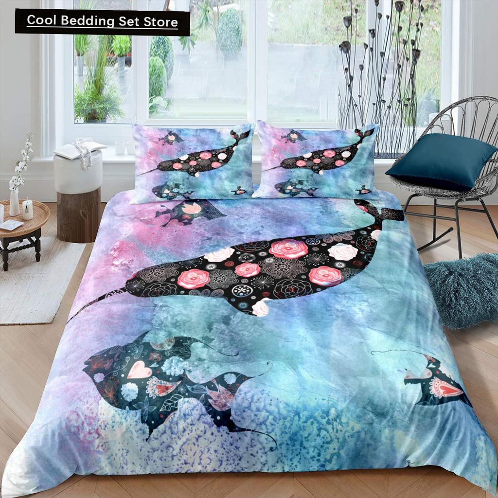 Whales King Queen Duvet Cover Ocean Animal Bedding Set Seaweed Starfish Marine Life Quilt Cover Blue Polyester Comforter Cover
