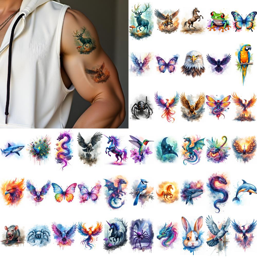 28pcs Temporary Tattoo Long-lasting Body Stickers Phoenix Butterfly Dragon Fake Tattoos Waterproof Semi-Permanent Tattoo Sticker
