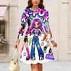 Women Plus Size Round Neck Long Sleeve Midi Dress Fashion Portrait Figure Text Print High Waist Swing Dress
