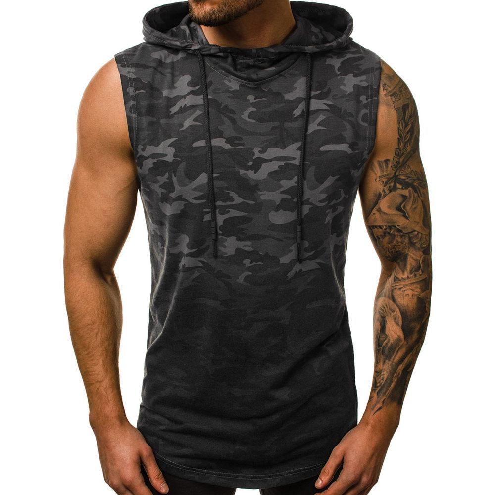 Herren-Trainings-Tanktop mit Kapuze, Bodybuilding, abgeschnittenes Muskel-T-Shirt, ärmellose Gym-Hoodies