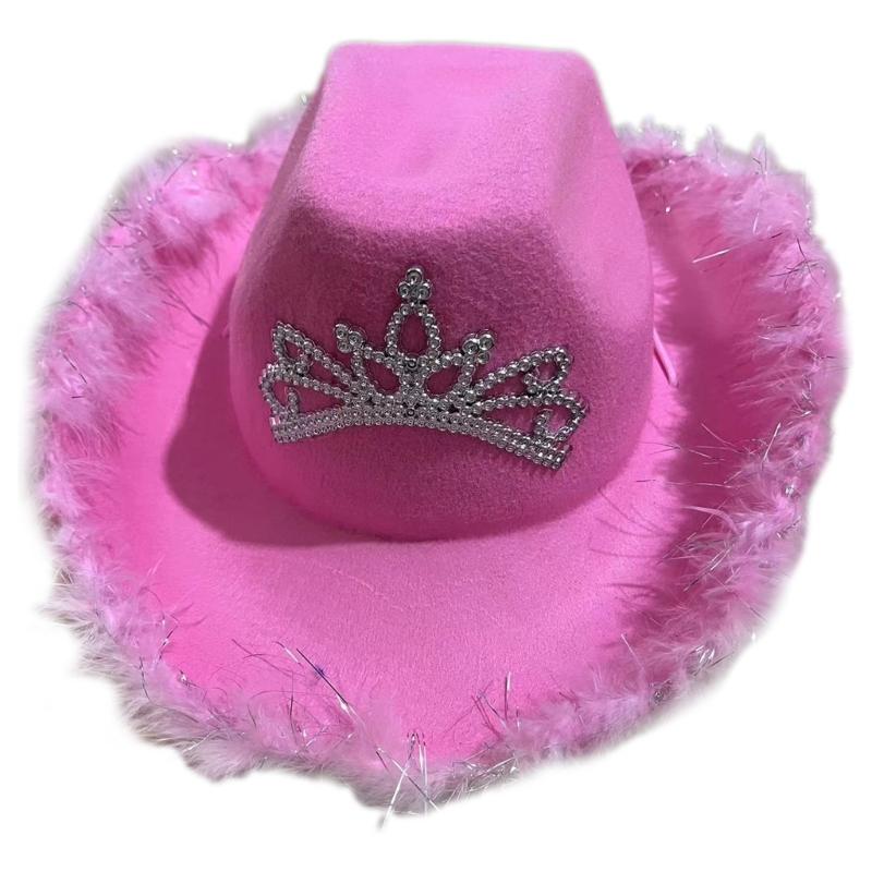 Rhinestones Crown Cowgirl Hat for Woman Male Breathable Cowboy Hats with Plush Trim Banquets Party Photography Hat