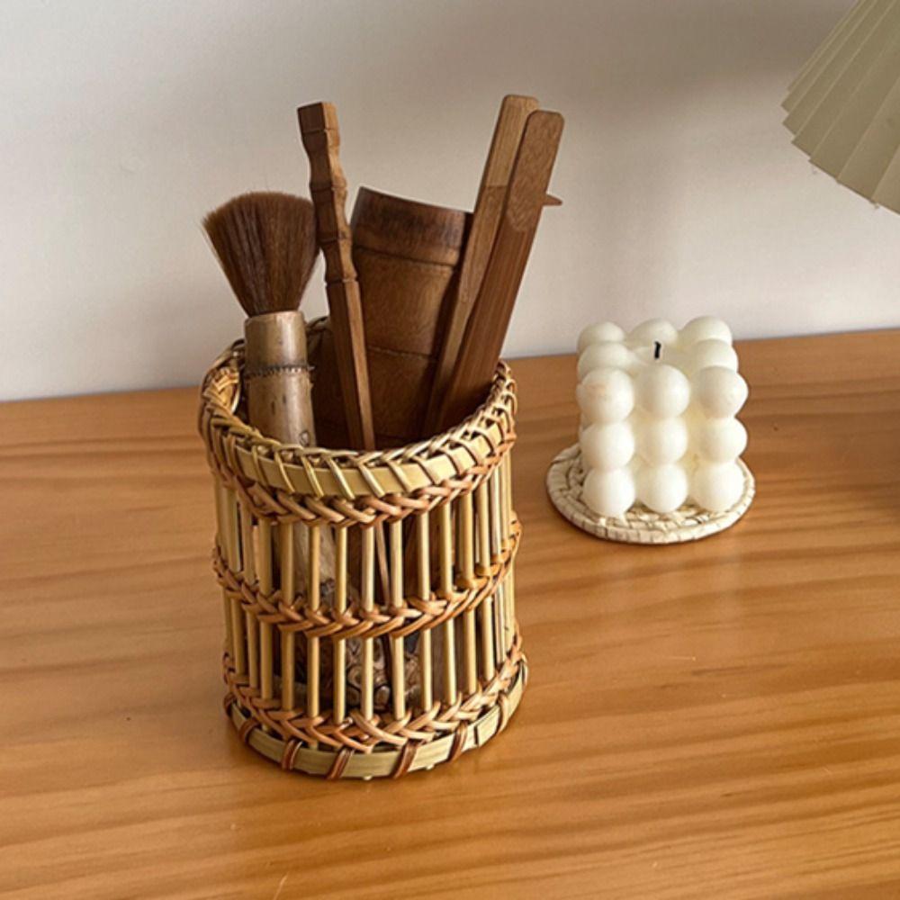 Tabletop Storage Makeup Brush Container Natural Materials Storage Basket  School
