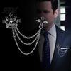 Dark Light Zircon Brooch Men's Pin with Chain, British Crown Cross Angel Lapel Pin, Rhinestone Suit Cool Tone Silver Badge Tassel Chain for