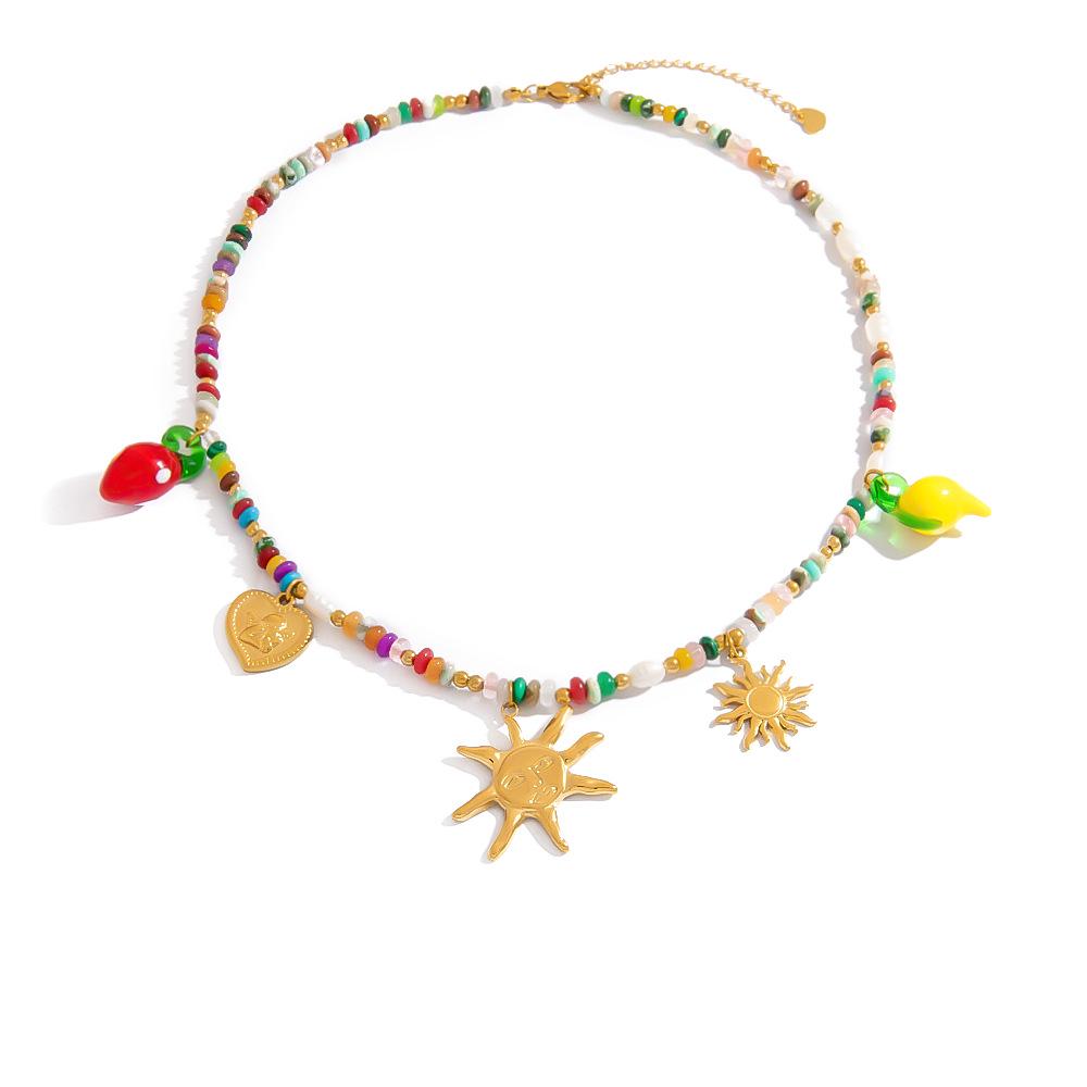 European & American Natural Stone Beaded Necklace, Bohemian Retro Style with Beach Elements, 18K Gold Plated for a Summery Touch.