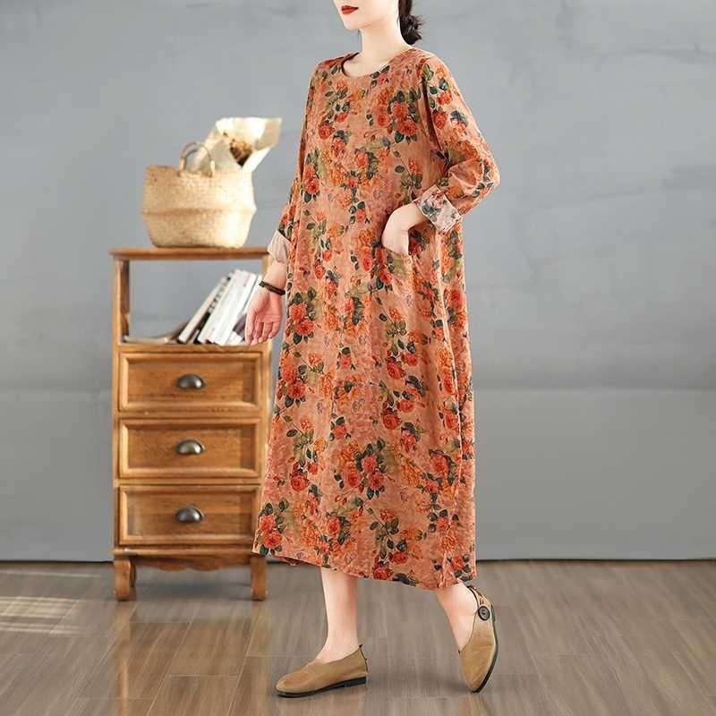2025 Vintage Printed Round Neck Long Sleeve Patchwork Loose Plus Size Long Dresses