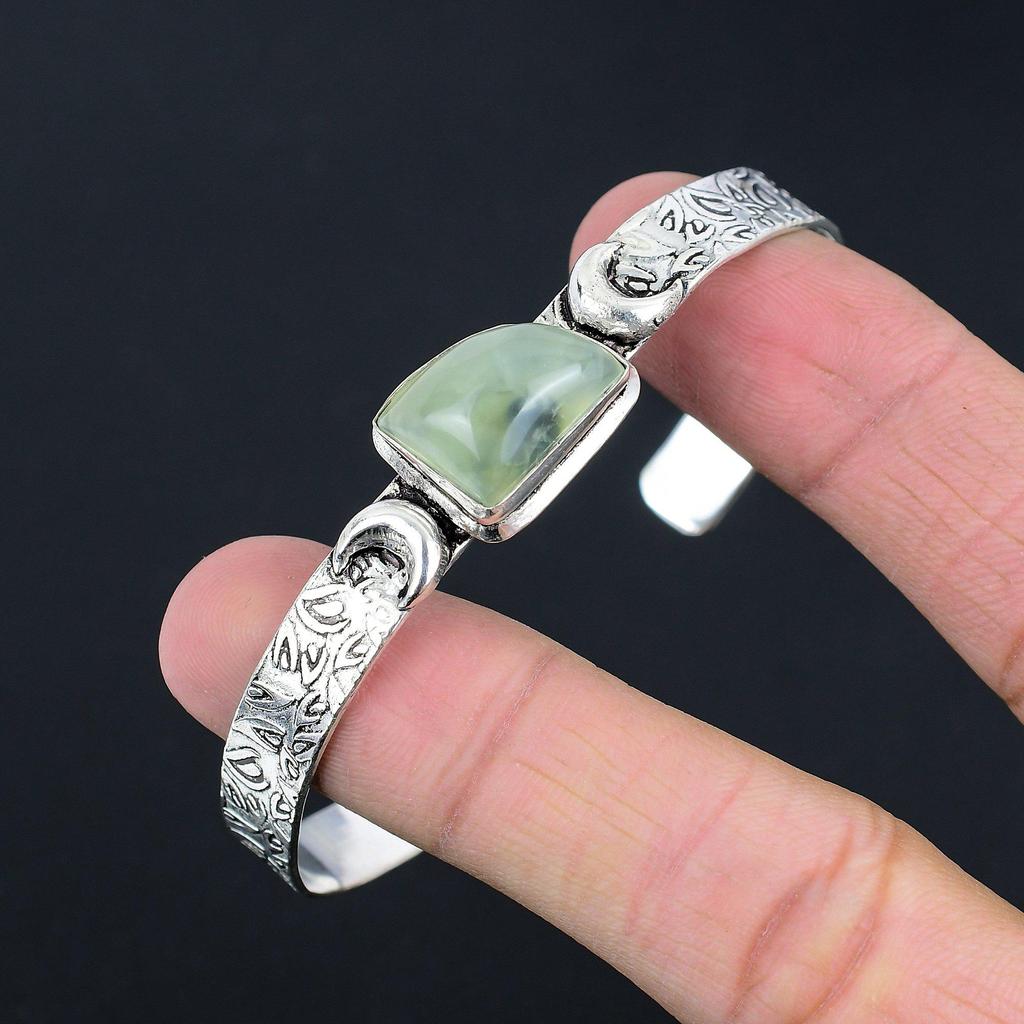 925 Silver Natural Moss Prehnite Unique Crescent Moon Sister Handmade New Bangle