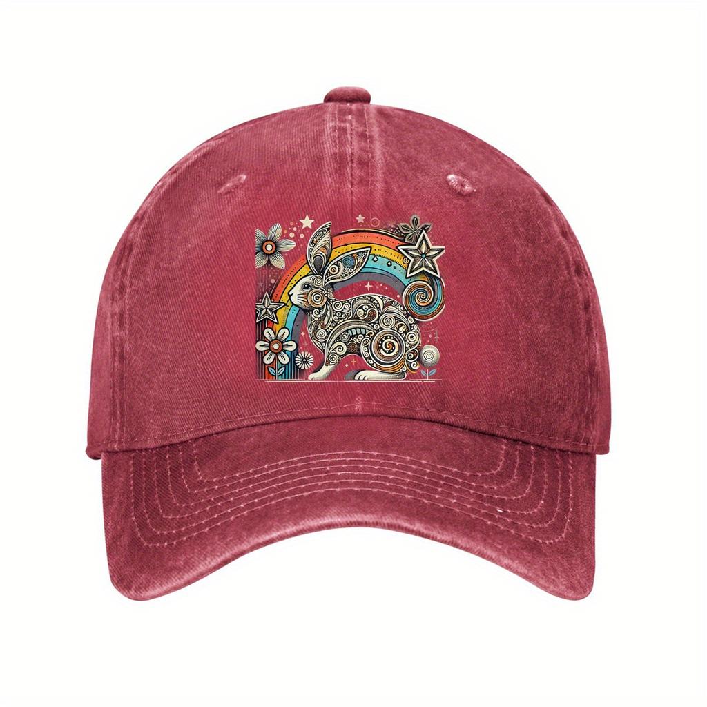 Bohemian Rainbow Bunny Baseball Cap Distressed Cotton Vintage Style Casual Adjustable Hat for Adults