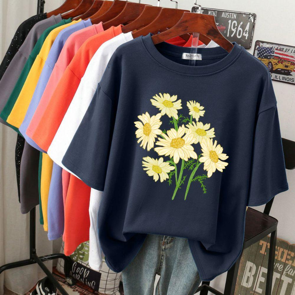 Street Baumwolle Damen T-Shirts Frisch Harajuku Gelbe Chrysanthemenblumen Drucke Oberteile Locker Rundhals Weiche T-Shirts Damenbekleidung