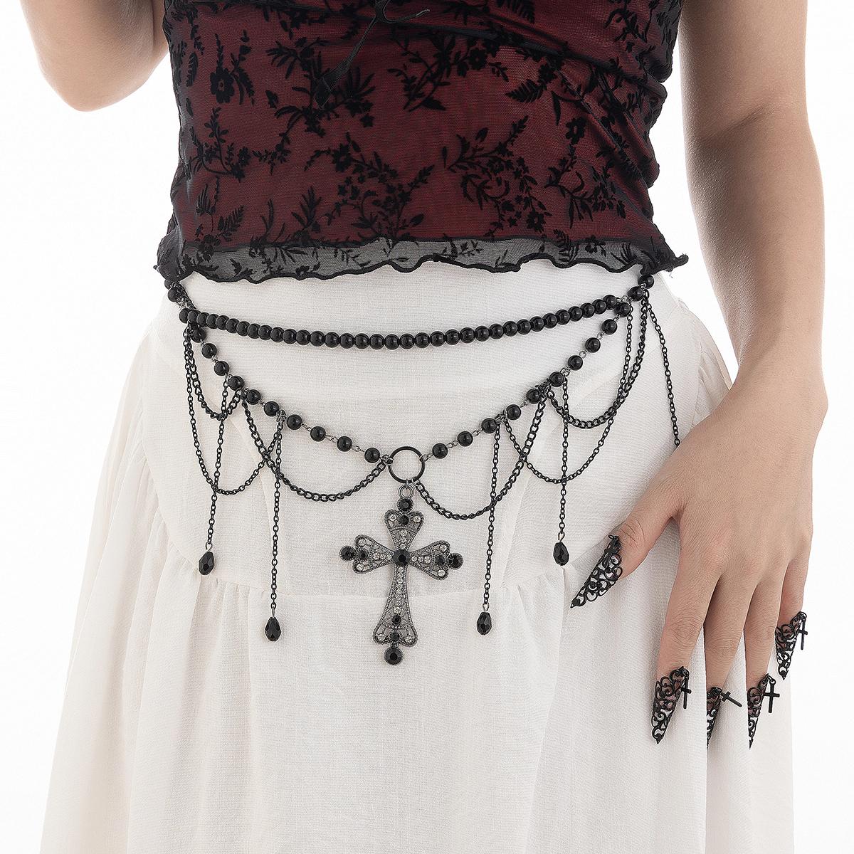 IngeSight.Z Elegant Temperament Black Crystal Cross Pendant Waist Belly Chain for Women Gothic Halloween Body Chain Jewelry Gift