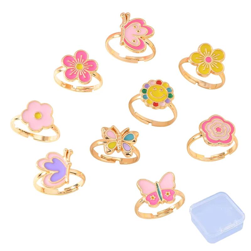 9Pcs Adjustable Rings for Girls Women Flower Butterfly Heart  Alloy Ring Fashion Beauty Jewelry Christmas New Year Gift for Girl