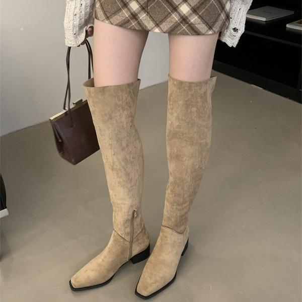 2025 Autumn and Winter New Square Head Thick Heel Simple Versatile Zipper High Boots