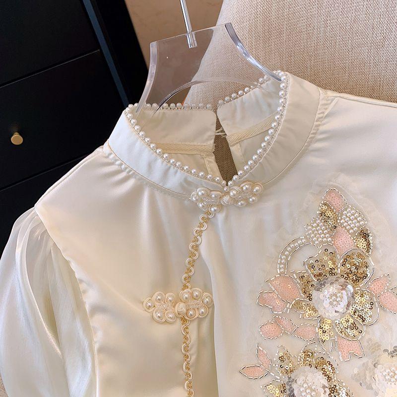 Embroidered Beads and Buckles Modified Cheongsam Satin Long-sleeved Shirt