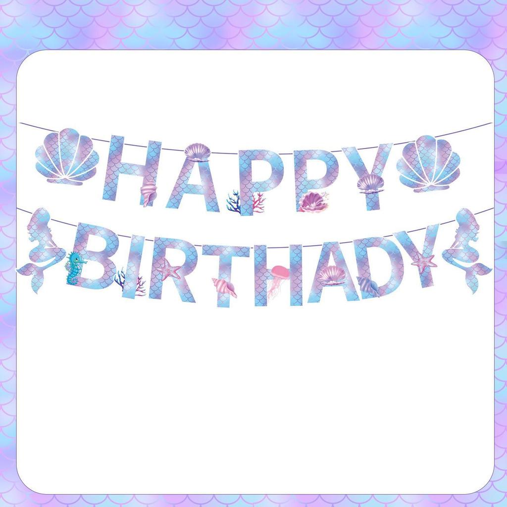 Mermaid Theme Party Supplies: Colorful Fish Scale Napkins, Plates, Cups, Flags, and Swirl Decorations