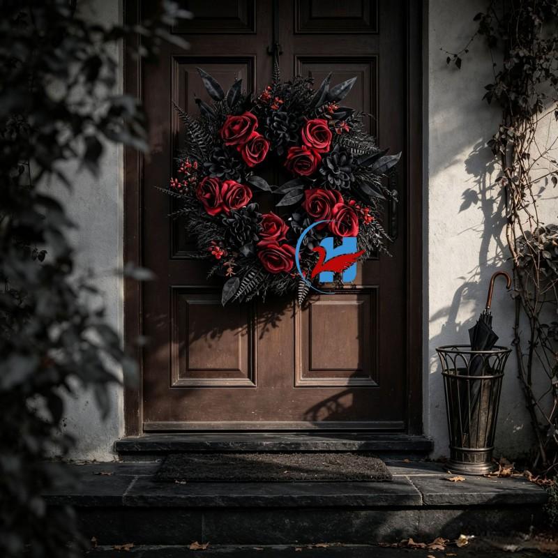 Halloween Wreath Decor Front Door Hallway Plastic Ghost House Theme Party Decoration With LED Lights