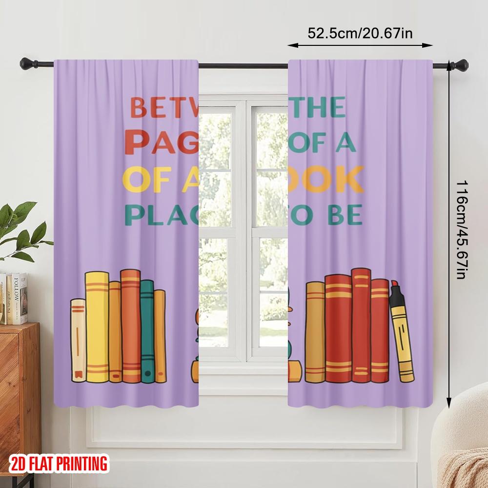 2pcs 2D Flat Printing Drapes Bookshelf Illustration Quote Reading Polyester Without Electricity Festive Holiday Use for Yard &