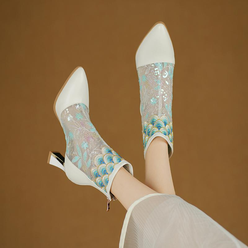 Krazing Pot Cow Skin Pointed Toe Summer Boots Fashion Air Mesh Bling Patch Appliques High Heels Embroidery Ankle Boots
